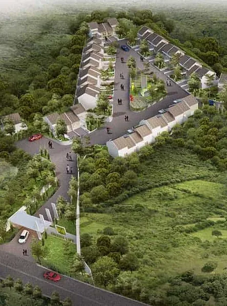 Render bird eye view kawasan perumahan di Bandung dengan desain mengikuti kontur alami.